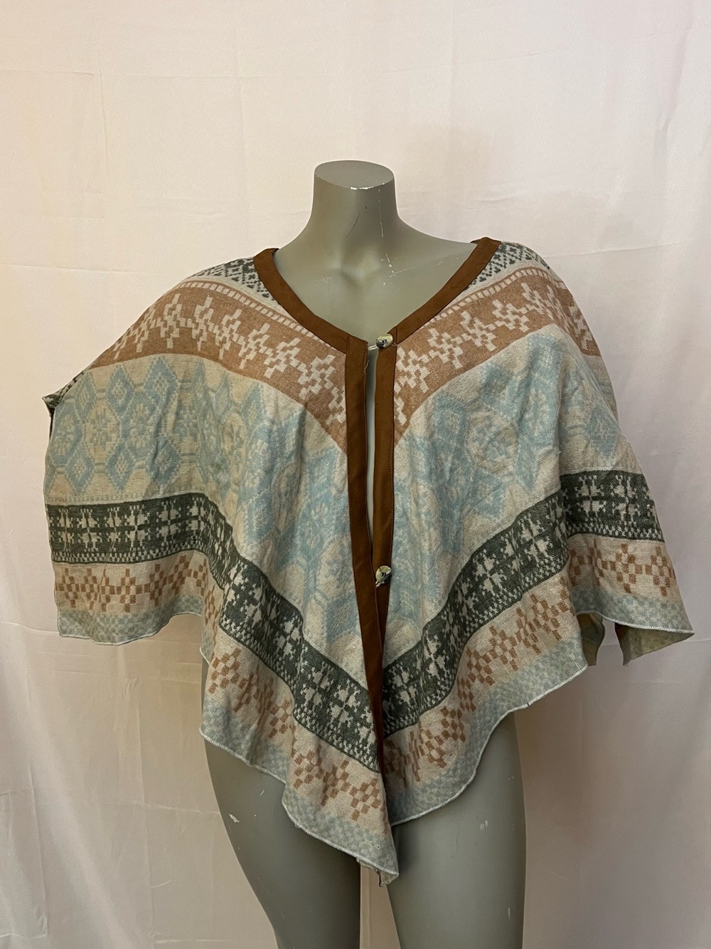 Bohemian Patterned Poncho Sweater - Cream, Brown & Blue
